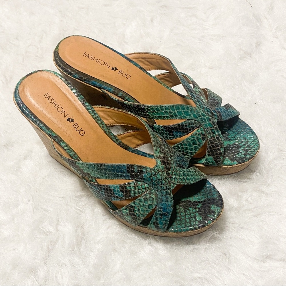 Fashion bug green teal snake skin platform open back wedges 7